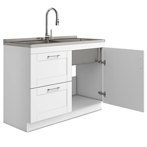 Image of SIMPLIHOME Modern Wide Shaker 46 inch Wide Stainless Steel Sink Laundry Cabinet