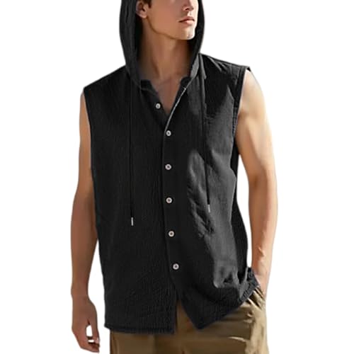 Camisetas sin Mangas con Capucha para Hombre Ropa de Lino Casual de Playa