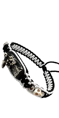 Pulsera de Santa Muerte metal Plateada e imagen Santa Muerte blanca doble tejida Bk/Wt