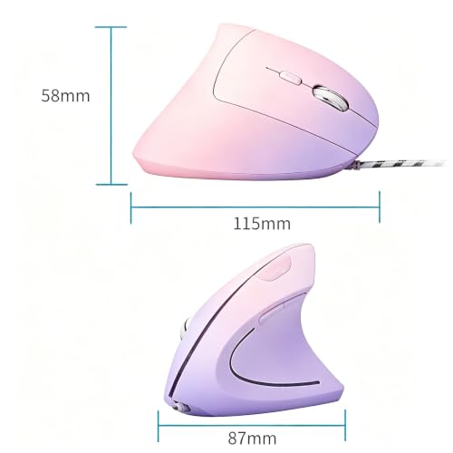 HXMJ Ergonomic Vertical Mouse Wired,USB Corded Optical Mice,7200DPI,Backilt,Right Handed Carpal Tunnel Mouse for Laptop,PC,Computer,Mac-Pink Purple - image 5