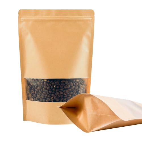 EIOFG Packaging 100PCS Kraft Paper Bags with Window(3.6" X 5.5"), Resealable Paper Bags for Food Storage, Stand Up Treat Bag Reusable for Candy, Cookie, Heat Seal Paper Bag for Small Business