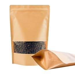 EIOFG Packaging 100PCS Kraft Paper Bags with Window(6.3" X 8.7"), Resealable Paper Bags for Food Storage, Stand Up Treat Bag Reusable for Candy, Cookie, Heat Seal Paper Bag for Small Business