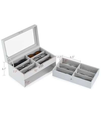 Image of CO-Z Sunglasses Organizer with 12 Slots, Leather Eyeglasses Storage Box for Women Men, 2 Story Lockable Display Case for Multiple Glasses, Sunglasses Jewelry Collection Holder with Drawer, White