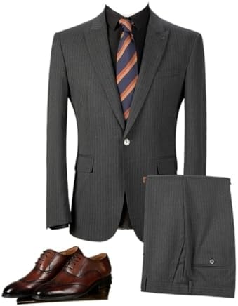 Men&#39;s Gray Striped Business Casual Fashion Suit Professional Formal Fit Groom Wedding Dress