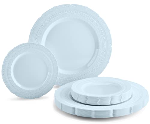 " OCCASIONS " 50 Plates Pack (25 Guests)-Extra Heavyweight Vintage Wedding Disposable/Reusable Plastic Plates -25x11'' Dinner + 25x8.25'' Salad/dessert (Chateau Collection Blue)