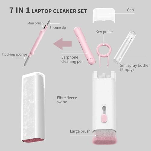 Image of 7-in-1 Multi-Function Laptop Gadget Cleaning Kit with Spray Bottle, Keyboard Brush, Gap Duster, Keycap Puller, Earbud Cleaning Pen, Screen Cleaner, White PhT-LKC71