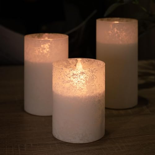 Image of White Glass Flameless Candles Remote Timer Wedding Decor Set of 3 | White Sandblasted Glass, Warm White LED Glow, Real Wax, 10 Key Remote, 2 4 6 8 Hour Timer, 3 Sizes