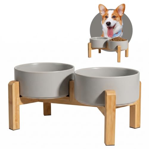 Elevated Ceramic Dog Bowl Set - Raised Dog Bowls with Non-Slip Bamboo Stand - Dog Food and Water Bowl Set - Double Dog Feeding Bowls - Suitable for Small and Medium Dogs - 28.74 OZ - 3.6 CUPS - 850 ML