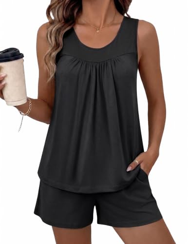 Image of Ekouaer Womens Sleeveless Pajama Sets Summer Tank Tops Pjs 2 Piece Lounge Set Comfy Shorts Sleepwear with Pockets