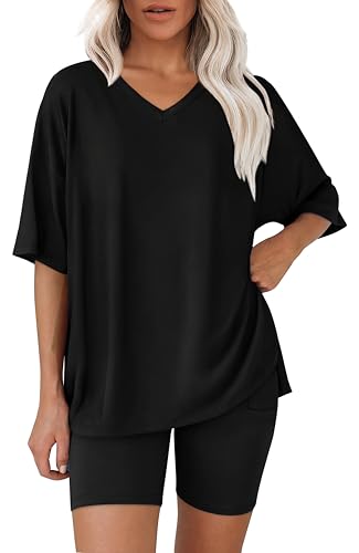WIHOLL Womens Summer Lounge Sets 2 Piece 2026 Outfits Oversized V Neck Tops Gym Shorts Spring Casual Clothing Workout Airport Travel Cruise Clothes Black M