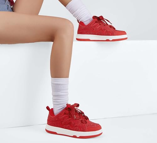 Image of LUCKY STEP Women's Sparkle Rhinestone Fashion Sneakers Walking Tennis Bling Glitter Roaring Shoes Platform Lace up Casual Mesh Sneaker