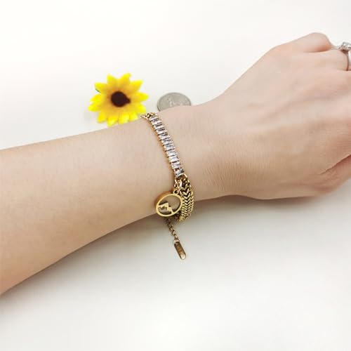 Image of Ladies Gold Double Cuban Chain, Tennis Zircon Charm Mountain /Round Mustard Seed Pendant Bracelet for Women Mom Religion Faith Jewelry