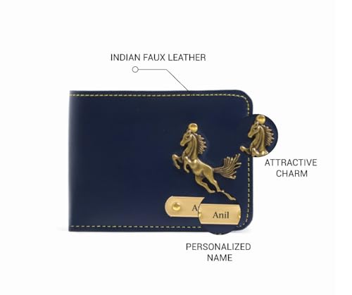 Image of Thebaegift Men's Personalized Wallet I Customized Slim Stylish Leather Purse with Name & Charm I Unique Birthday Anniversary Gift for Men Boy Love Husband Employees Clients (Blue Vegan)