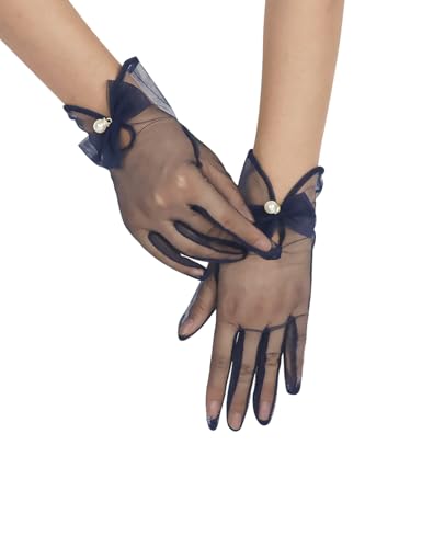 Women Bow Tulle Gloves with Pearls Short Mesh Tea Party Gloves Wedding Bridal Prom Formal Accessories