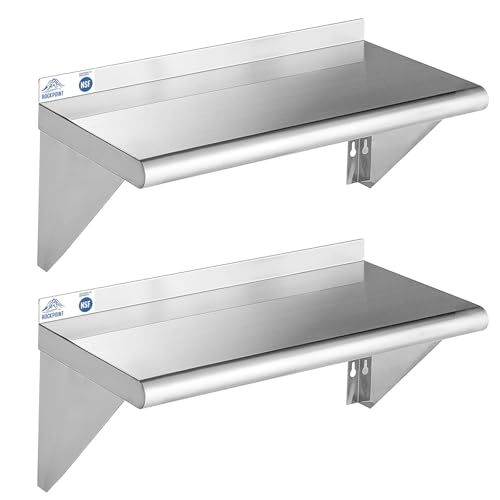 Image of ROCKPOINT Stainless Steel Shelf 12 x 24 Inches 250lb, 2 Pack NSF Metal Commercial Shelves Wall Mount Floating Shelving with Backsplash for Restaurant, Kitchen, Home and Hotel, Silver