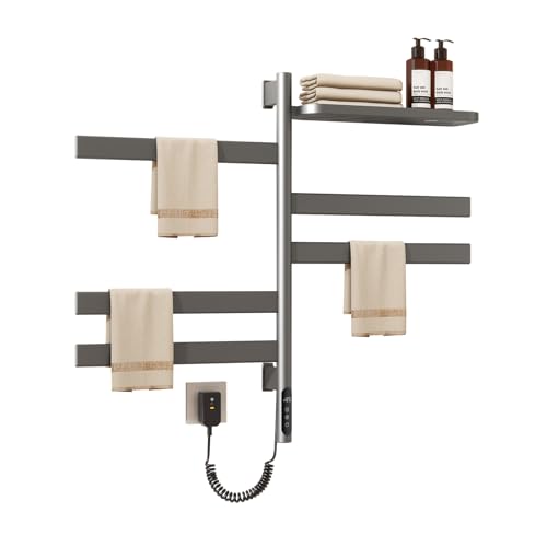 Electric Heated Towel Rack with Storage Rack, Rotating Towel Warmer Wall Mounted Drying Rack,Stainless Steel Towel Warmer 5 Bars with Built-in Timer, Plug-in or Hardwired,Grey