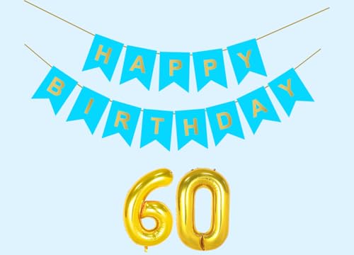 Image of Mystic Toy Store 60th Sky Blue Happy Birthday Decoration Kit for 60 year Old Men Women with Number Sixty Party Decorations Decor Celebration Items Item Set Combo Reusable Paper Banner