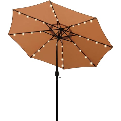 Image of Blissun 9 ft Solar Umbrella, 32 LED Lighted Patio Umbrella, Table Market Umbrella, Outdoor Umbrella for Garden, Deck, Backyard, Pool and Beach (Tan)