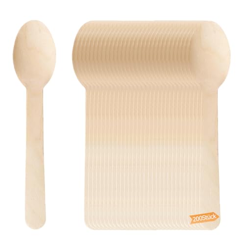 200 Stück Holzlöffel, Wiederverwendbar-Holzbesteck, Nachhaltiges Besteck, Wiederverwendbar Löffel aus Holz, biologisch abbaubare Utensilien für Party, Geburtstag, Camping, Picknick