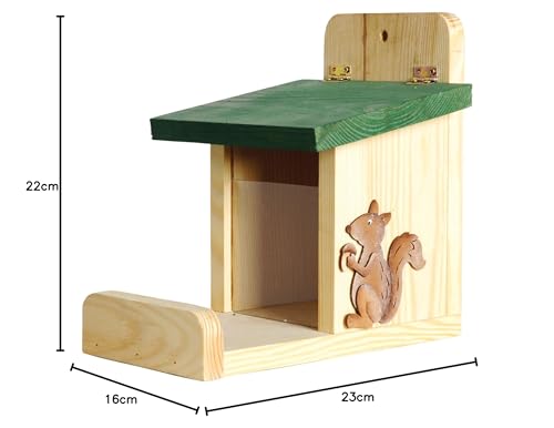 dobar® 22219e Eichhörnchenfutterstation - Eichhörnchen Futterhaus Massivholz - Futterbox zum Eichhörnchen füttern - Futterstelle zum Eichhörnchen füttern Nüsse/Kerne/Früchte - 16 x 23 x 22 cm - Grün