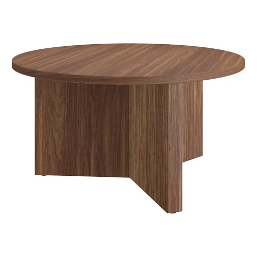 Henn&Hart 32' Round Wood Pedestal Coffee Table for Living Room, Family Room, Office, or Apartment, Medium Walnut