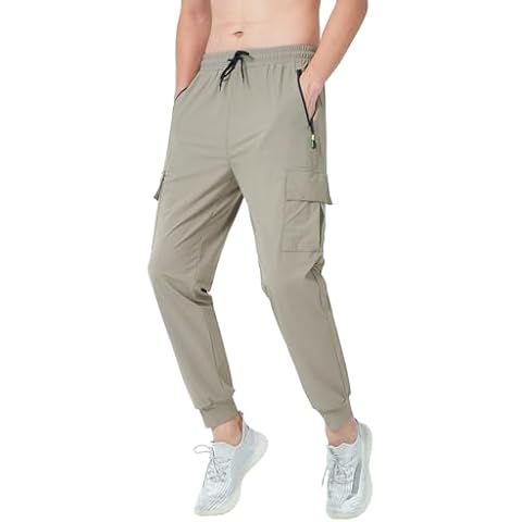Ancient Star Men's Lightweight Joggers Quick Dry Stretch Sweatpants Tapered Sports Cargo Pants with Zipper Pockets(AS13516Khaki L) Cover