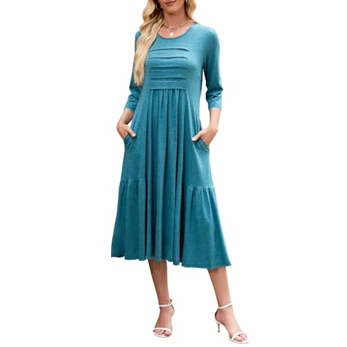 Womens 2025 Casual Midi Dress Fall A Line Pleated Flowy 3/4 Sleeve T Shirt Beach Travel Dresses with Pockets