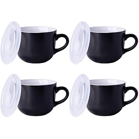 GBHOME Ceramic Soup Mugs with Lid, 24 oz Soup Cups with Hanlde for Coffee,Cereal,Salad,Noodles,Tea,Soup, Microwave &Dishwasher Safe, Set of 4, White inside with Vented lid Cover