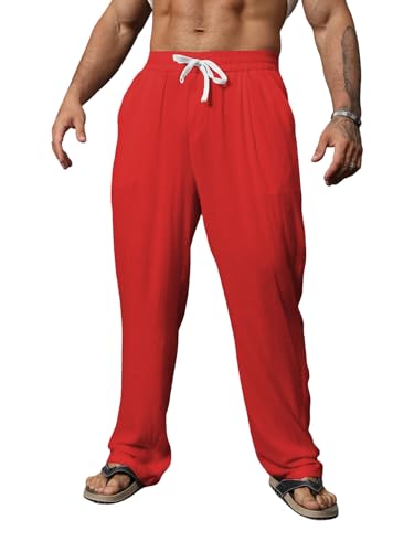 Men's Linen Pants Yoga Beach Pants Loose Casual Summer Vacation Elastic Waist Drawstring Loose Pants with Pockets