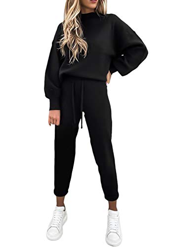 Womens Sweatsuits Long Sleeve Pullover Tops with Long Pants 2 Pieces Outfits Tracksuits Black XL