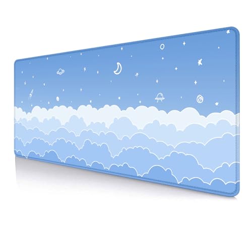 Image of IMAYONDIA Cute Pastel Blue Desk Mat, Aesthetic Stars Moon Desk Pad, Kawaii Anime Deskmat, Gradient White Clouds Computer Pad, Minimalist Large Gaming Mouse Pad Mousepad, 31.5 X 11.8 Inch