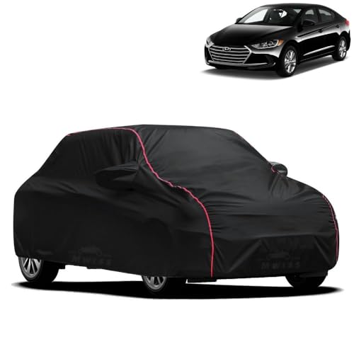 Image of Waterproof Car Cover for Hyundai Elantra | All-Weather Protection, Dustproof & UV Resistant | Triple Stitched Mirror Pockets, Windproof Buckle Strap with Elastic Hem, Black-Red Piping