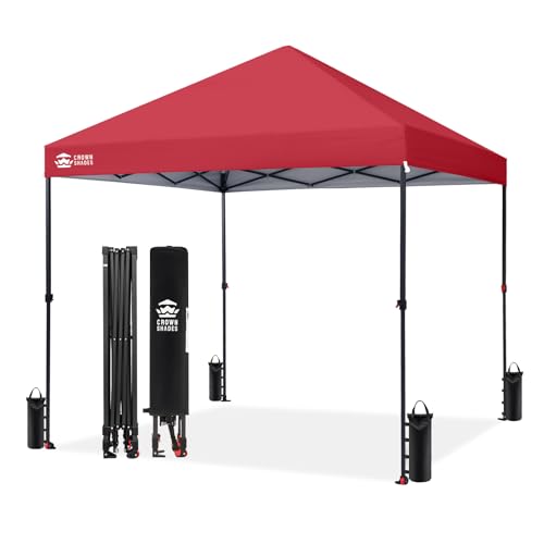 Image of CROWN SHADES 8x8 Pop Up Canopy - Patented Center Lock One Push Instant Outdoor Canopy Beach Tent with STO-N-Go Bag 8 Stakes & 4 Sand Bags,Red