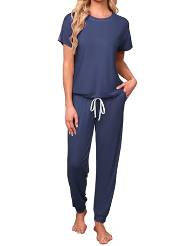 Famulily Frauen leichte Sommer-Pyjamas O-Ausschnitt Kurzarm-Shirts mit Langen Jogging-Hosen weiche passende Sets Marineblau XXL