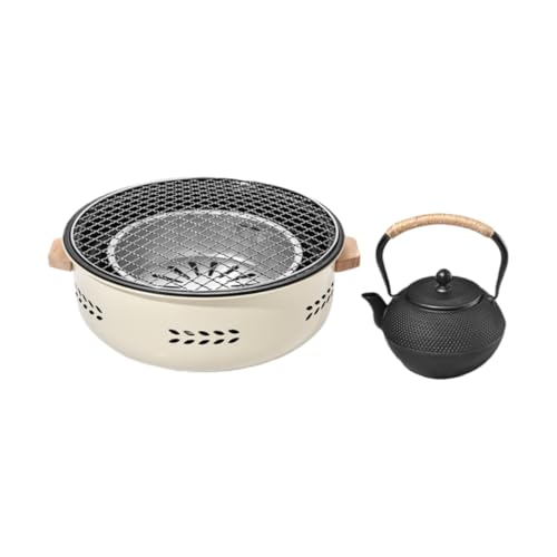 NYHGOXM 便携式 焚き火台 囲炉裏 バーベキューコンロ キャンプ用品 煮茶器 ??炉 バーベキューグリル 防?設計 35x35x11cm アウトドア BBQ セット (ティーセット:コンロ + 1200ml 鋳鉄ケトル + 収納バッグ + 三斤炭)
