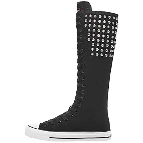 Image of ANUFER Women Fashion Canvas Dance Boots Knee High Bicycling Boots Girls Fancy School Shoes