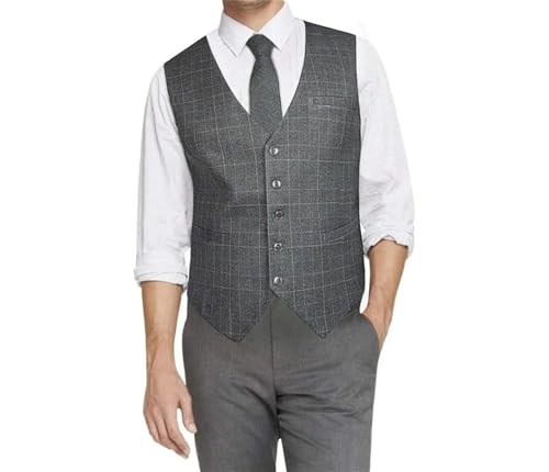 Men's Cotton Plaid Vest Slim Fit Formal Waistcoat Wedding Business Party Retro V-Neck Top4