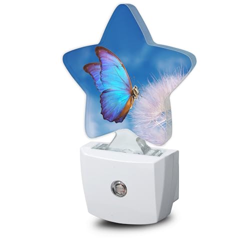 Image of Blue Butterfly Dandelion Night Lights Plug into Wall with Dusk to Dawn Sensor,Lamp for Bedroom Bathroom Hallway Nightlight for Women Girls