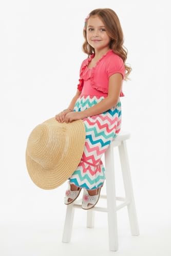 Image of ToBeInStyle Girls Two Piece Short Sleeve Dress and Matching Bolero Crop Cardigan Assorted Prints Cotton Blend Summer Outfit