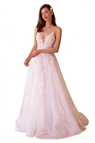 Puyiket Chiffon Wedding Dresses For Bride 2026 Soft Beautiful Lace Appliques Sleeveless V-Neck Long Spaghetti Strap Beach Bridal Dresses For Women With Slit White #TOP23