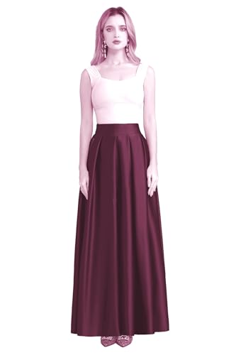 Women’s A-Line Satin Flared Maxi Skirt Long Floor Length High Waist Formal Prom Party Skirts with Pockets