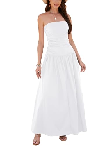 Yulaviniee Womens Strapless Tube Top Corset Maxi Dress for Wedding Guest, Elegant Party Dress White