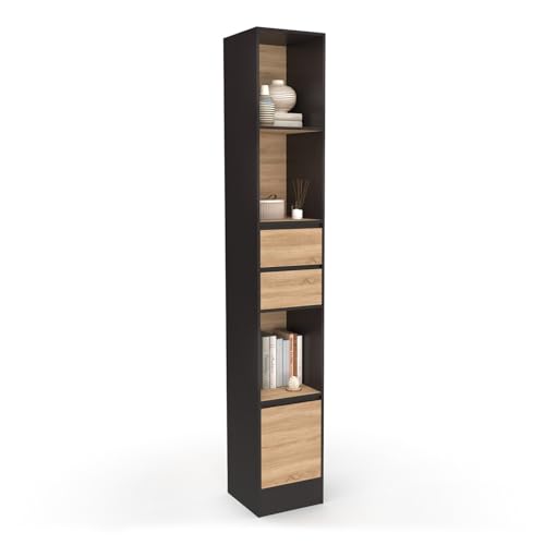 IDMarket - Estantería biblioteca Carla 3 estantes 2 cajones 1 armario Negro y Efecto Madera 190 cm