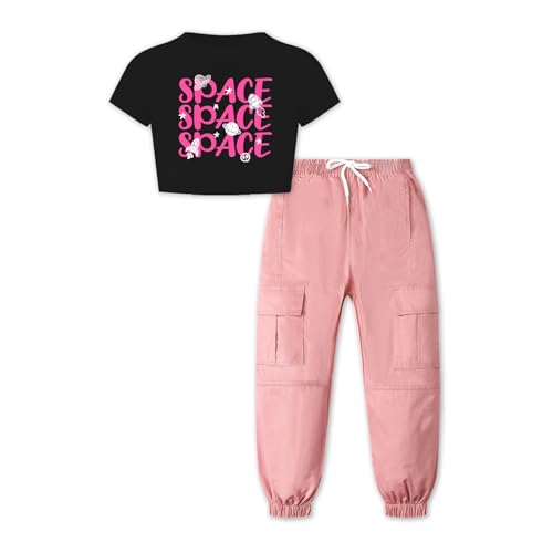Image of Crop Tops for Girls, Black T Shirt and Pink Cargo Pants Outfits Multi-Pocket Elastic Waist Pull on Cargo Pants, 7-8 Years