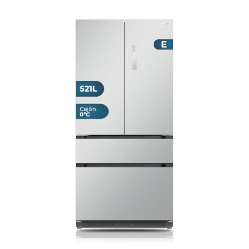 Hyundai Frigorífico French Door Inox, 4 Puertas HFR19090EDI00, Capacidad 521 Litros, No Frost, Motor Inverter, Bajo Nivel Sonoro, Puerta Cristal, Apertura Uñero, Clasificación Energética E