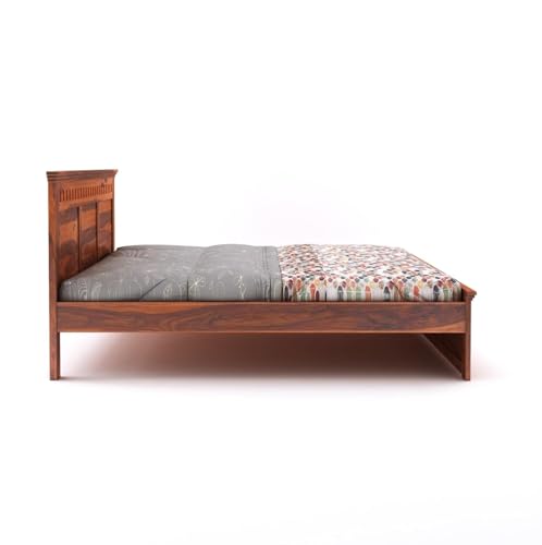 Image of Sheesham Wood Bed Without Storage Solid Wooden Cot Double Bed Furniture Elegant and Functional Bedroom Living Room Home Palang (Golden Brown with Natural Wood Grains, King)