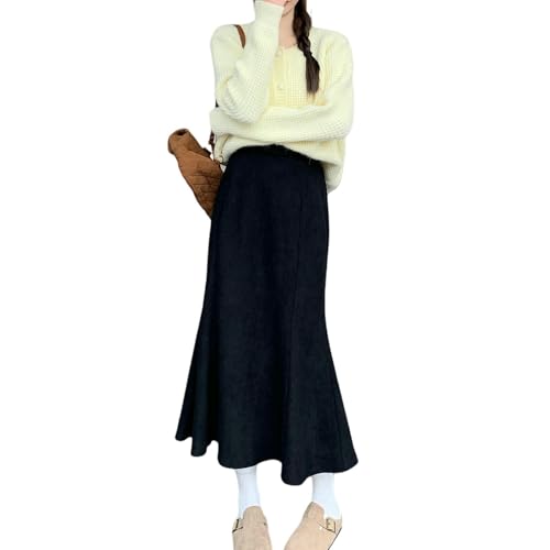 Casual Stretchy Plus Size Skirt Women Winter Keep Warm High Waist Elastic A Line Skirt Elegant Long Skirts-Black-1Xl