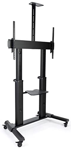 Displays2go Heavy Duty Rolling TV Stand for 60–100' Screens with AV Shelf, Camera Tray & Cable Management – Black (TEL10X6BK)