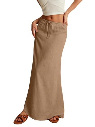 EARKOHA 2025 Women's Summer Maxi Skirt Drawstring Low Waist A Line Linen Long Flowy Skirts Camel L