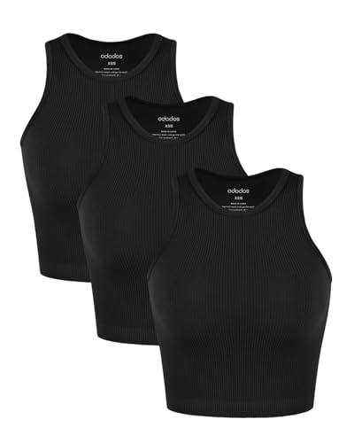 Image of ODODOS 3-Pack Seamless Crop Tank for Women Ribbed Soft High Neck Cropped Tops